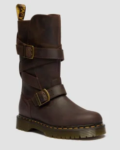 Biker boots Anistone en cuir Crazy Horse à brides in Marron Foncé