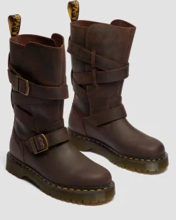 Biker boots Anistone en cuir Crazy Horse à brides in Marron Foncé