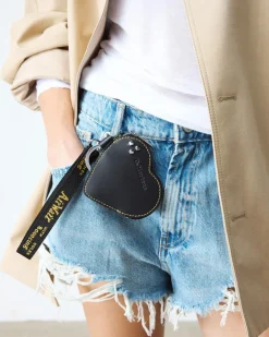 Porte-monnaie en forme de cœur en cuir avec anneau in Noir
