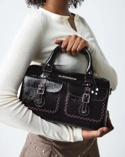 Sac en cuir Distressed Patent à anses supérieures in Noir