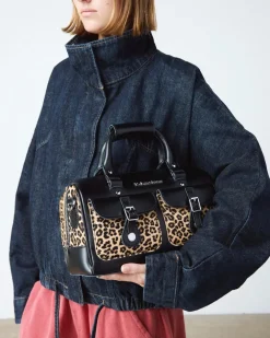 Sac en Hair-On à imprimé léopard et à anses supérieures in Noir