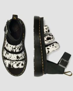 Sandales Quad Clarissa en cuir Hair-On à brides in Crème & Noir